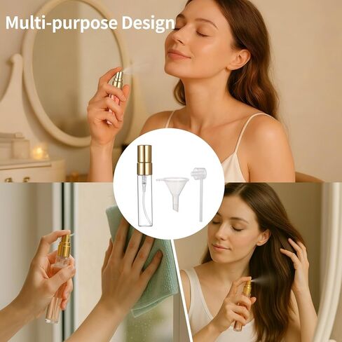Lnrueg 100 Pcs 5 ml Mini Spray Bottles - 0.17 oz Refillable Glass Perfume Bottles, Portable Travel Sample Containers with Caps, Fine Mist Atomizers with 4 Funnels and 4 Dispensers, Gold in Saudi Arabia