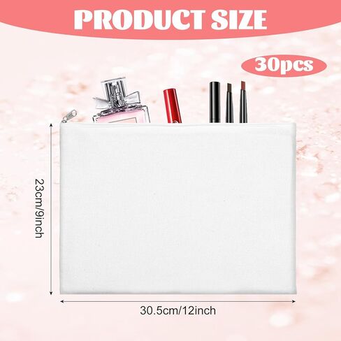 Tobeelec 30 Pcs Canvas Zipper Pouch, 12x9'' Large Canvas Cosmetic Pouch With Zipper, White Makeup Bags Plain for Women, Blank Bag Organizer Purse for Travel, Toiletry, DIY Crafts in Saudi Arabia