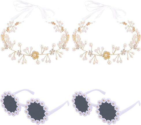 4 قطع مجموعة اقتراح فتاة الزهرة، هدايا بنات الزهور، بما في ذلك نظارات شمسية على شكل زهرة فتاة اللؤلؤ وغطاء للرأس على شكل زهرة مستديرة لحفلات الزفاف in Kuwait