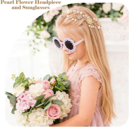 4 قطع مجموعة اقتراح فتاة الزهرة، هدايا بنات الزهور، بما في ذلك نظارات شمسية على شكل زهرة فتاة اللؤلؤ وغطاء للرأس على شكل زهرة مستديرة لحفلات الزفاف in Kuwait