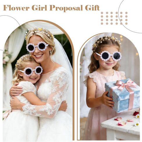 4 قطع مجموعة اقتراح فتاة الزهرة، هدايا بنات الزهور، بما في ذلك نظارات شمسية على شكل زهرة فتاة اللؤلؤ وغطاء للرأس على شكل زهرة مستديرة لحفلات الزفاف in Kuwait