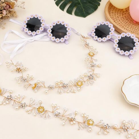4 قطع مجموعة اقتراح فتاة الزهرة، هدايا بنات الزهور، بما في ذلك نظارات شمسية على شكل زهرة فتاة اللؤلؤ وغطاء للرأس على شكل زهرة مستديرة لحفلات الزفاف in Kuwait