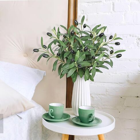 12 حزمة من فروع الزيتون الاصطناعية نباتات الزيتون الخضراء ينبع مع الفواكه 11.8 "فروع شجرة الزيتون وهمية يترك لباقات زهرية الزفاف ديكور المنزل الأخضر in Kuwait