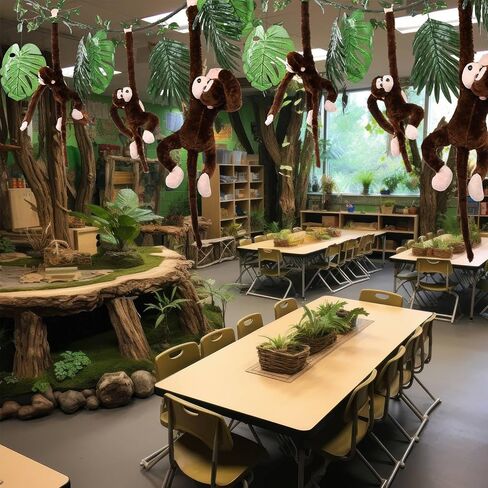 14 Pcs Jungle Party Decoration 6 Hanging Monkey Stuffed Jungle Animal Toy 1 10 ft Artificial Rattan 6 Tropical Palm Leaves 1 Fake Vine Tropical Rainforest Decor for Classroom Birthday Party in Saudi Arabia
