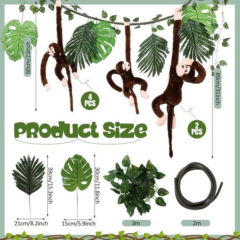 14 Pcs Jungle Party Decoration 6 Hanging Monkey Stuffed Jungle Animal Toy 1 10 ft Artificial Rattan 6 Tropical Palm Leaves 1 Fake Vine Tropical Rainforest Decor for Classroom Birthday Party in Saudi Arabia