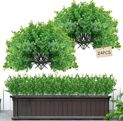 Artificial Plants Outdoor,Fake Plants Faux Greenery Stems Eucalyptus Plant 24 Bundles Faux Plant Artificial Boxwood Plants Outdoor for Front Porch Garden Patio Farmhouse Home Indoor Decor (24) in Saudi Arabia