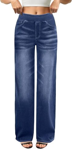 بنطال جينز نسائي واسع الساق بخصر عالٍ وفضفاض قابل للتمدد بنطلون جينز عصري وفضفاض من قماش الدنيم in Kuwait