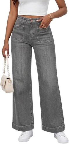 PerZeal Wide Leg Jeans for Women Trendy High Waisted Flare Jeans Straight Denim Pants Stretchy Baggy with Patch Pockets in Saudi Arabia