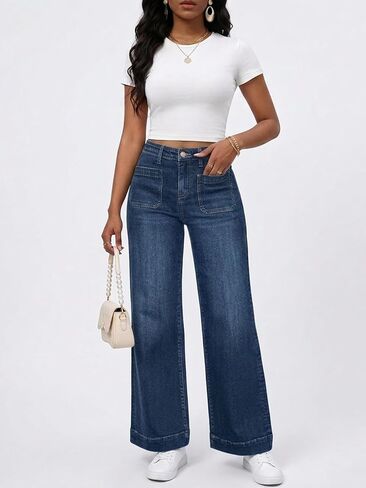 PerZeal Wide Leg Jeans for Women Trendy High Waisted Flare Jeans Straight Denim Pants Stretchy Baggy with Patch Pockets in Saudi Arabia