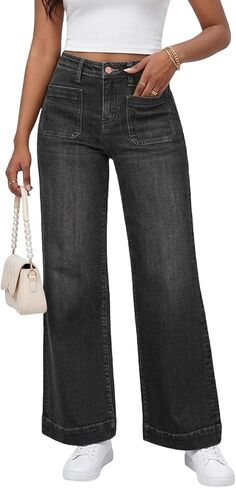 PerZeal Wide Leg Jeans for Women Trendy High Waisted Flare Jeans Straight Denim Pants Stretchy Baggy with Patch Pockets in Saudi Arabia