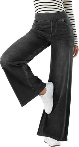 زيرونيك جينز نسائي عالي الخصر من قماش الدنيم قابل للتمدد واسع مستقيم الساق جيوب للتحكم في البطن فضفاض عصري غير رسمي فضفاض مناسب in Kuwait