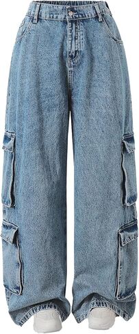 Plus Szie بنطال كارجو نسائي، دينم، ساق واسعة، قصة مستقيمة، تصميم متعدد الجيوب، طراز كاجوال للشارع in Kuwait