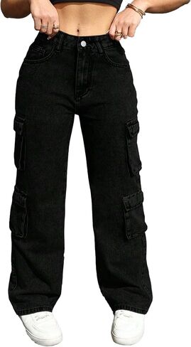 Plus Szie Women's Cargo Pants, Denim, Wide Leg, Straight Fit, Multi-Pocket Design, Casual Streetwear Style in Saudi Arabia