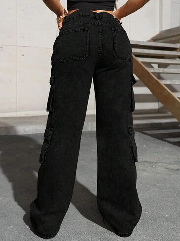 Plus Szie Women's Cargo Pants, Denim, Wide Leg, Straight Fit, Multi-Pocket Design, Casual Streetwear Style in Saudi Arabia