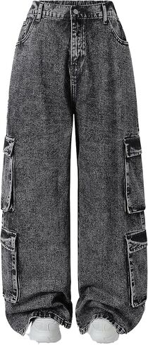 Plus Szie Women's Cargo Pants, Denim, Wide Leg, Straight Fit, Multi-Pocket Design, Casual Streetwear Style in Saudi Arabia