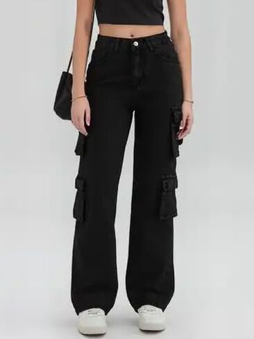 Plus Szie Women's Cargo Pants, Denim, Wide Leg, Straight Fit, Multi-Pocket Design, Casual Streetwear Style in Saudi Arabia