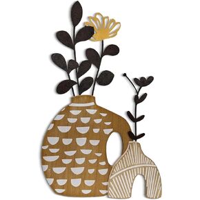 WOPARTY Rustic Metal and Wood Flowers Wall Art, Bohemian Vase with Flower Design, Black and Gold, 16.2x10 Inch, Farmhouse Wall Decor Home Bedroom Dining Room Housewarming in Kuwait