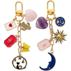 2 Pcs Boho Sun and Moon Purse Charms Crystal Heart Bag Charms Keychain Mystical Bohemian Style Keychain for Women Men Valentine's Day Gifts Handbags & Backpack Car Key Purse Bag Decoration in Kuwait