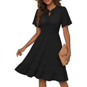 فستان MSBASIC نسائي صيفي برباط أمامي مزين بالزهور وأكمام مكشكشة على شكل حرف A مع جيوب in Kuwait