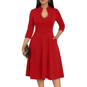 Nmoder Casual Dresses for Women, Deep V Neck Sexy Work 3/4 Sleeve Midi Fit and Flare Dress with Pockets in Kuwait