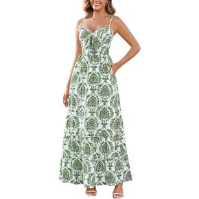 Womens Floral Front Tie Smocked Maxi Dress Spaghetti Strap Ruffled Tiered Summer Casual Boho Beach Sundress in Kuwait