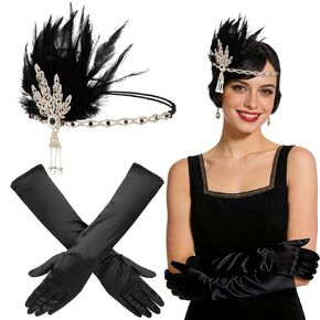 إكسسوارات أزياء العشرينيات من القرن العشرين، إكسسوارات زي غاتسبي العظيم، خوذة من العشرينيات من القرن الماضي مع عصابة رأس سوداء من الريش ومجموعة قفازات in Kuwait