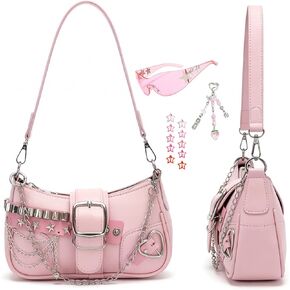 Y2k Gothic Pink Mini Shoulder Bag Set with Sunglasses, Star Hair Clips & Strawberry Keychain - Complete Kawaii Aesthetic Accessory Kit for Women in Saudi Arabia