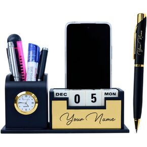 Personalized Desk Organizer with Pen Gift Set, 2 in 1 Customized Pen with Pen Stand for Doctors, Office Desk & Study, Table Watch & Calendar, Customised Corporate Gift Set (Golden) in Saudi Arabia