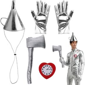 Tin Costume Accessories for Men Women, Silver Funnel Hat Inflatable Axe Gloves Heart Brooch Set for Cosplay Halloween Party Dress Up in Kuwait