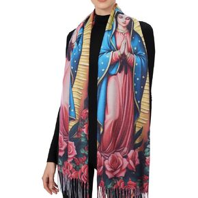 Virgen de Guadalupe Prayer Shawl Scarf Catholic Gifts For Women Mom Mexican Virgin Mary Pashmina Scarves Wrap (Black Pink) in Kuwait