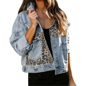 Women's Cotton Blend Denim Leopard Print Panelled Jacket in Saudi Arabia