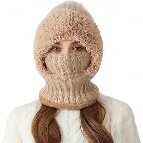 Spevert Womens Pom Beanie Hat Scarf,Ski Hat, Winter Fleece Windproof Hooded Scarf Skull Cap in Kuwait