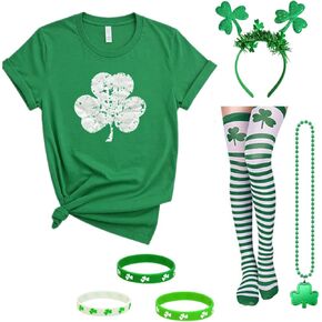 مجموعة إكسسوارات زي عيد القديس باتريك مكونة من 5 قطع مع تي شيرت أخضر للنساء، وعصابة رأس البرسيم، وقلادة، وأساور، وجوارب (أخضر، XXL) in Kuwait