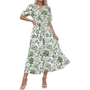 Okiwam فساتين الصيف للنساء 2026 فستان غير رسمي بياقة على شكل V وأكمام قصيرة بوهو فستان ميدي منقوش عليه زهور بأزرار للأسفل فستان الشمس لقضاء إجازة الشاطئ in Kuwait