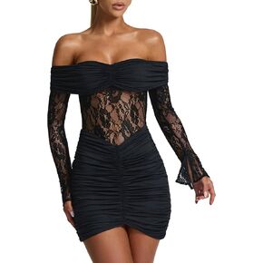 Women's Sexy Lace Off Shoulder Long Sleeve Bodycon See Through Night Out Party Mini Dress in Kuwait