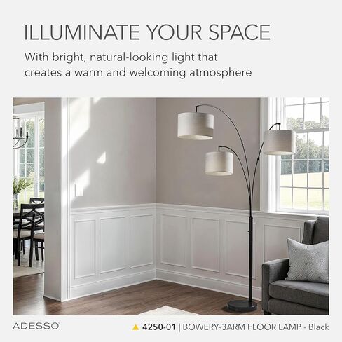 Adesso 4250-01 Bowery 3-Arm Arc Lamp، 82 بوصة، 3 × 60 واط النوع A (غير متضمن)، أسود، مصابيح أرضية in Saudi Arabia