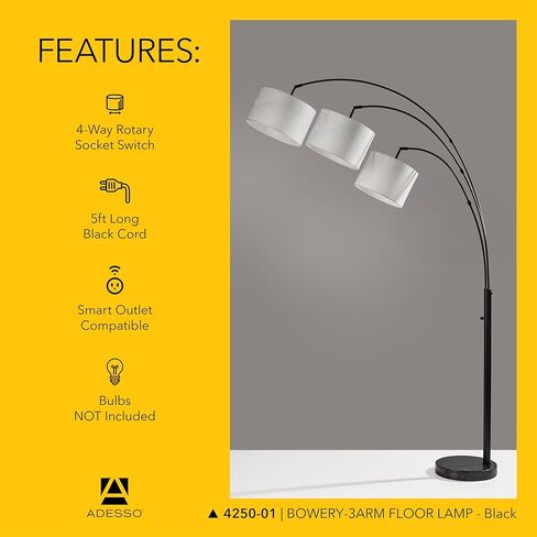 Adesso 4250-01 Bowery 3-Arm Arc Lamp، 82 بوصة، 3 × 60 واط النوع A (غير متضمن)، أسود، مصابيح أرضية in Saudi Arabia