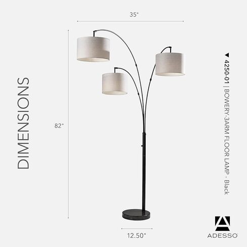 Adesso 4250-01 Bowery 3-Arm Arc Lamp، 82 بوصة، 3 × 60 واط النوع A (غير متضمن)، أسود، مصابيح أرضية in Saudi Arabia