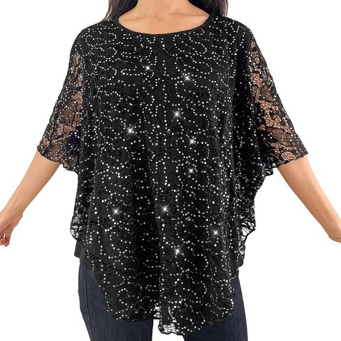 Brittany Black Women's Scoop Neck Embellished Overlay Knit Top Poncho in Kuwait