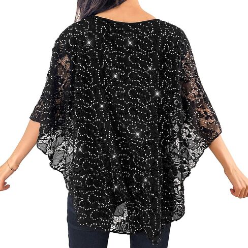 Brittany Black Women's Scoop Neck Embellished Overlay Knit Top Poncho in Kuwait