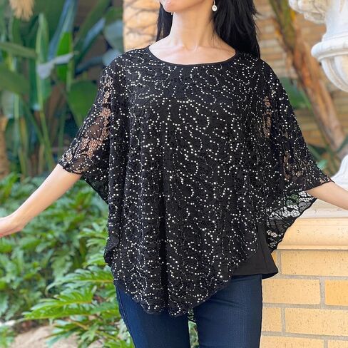 Brittany Black Women's Scoop Neck Embellished Overlay Knit Top Poncho in Kuwait