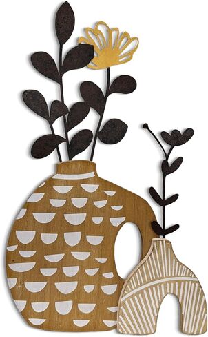 WOPARTY Rustic Metal and Wood Flowers Wall Art, Bohemian Vase with Flower Design, Black and Gold, 16.2x10 Inch, Farmhouse Wall Decor Home Bedroom Dining Room Housewarming in Kuwait