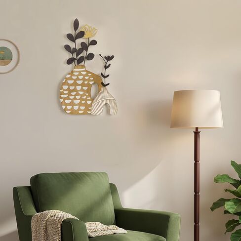 WOPARTY Rustic Metal and Wood Flowers Wall Art, Bohemian Vase with Flower Design, Black and Gold, 16.2x10 Inch, Farmhouse Wall Decor Home Bedroom Dining Room Housewarming in Kuwait