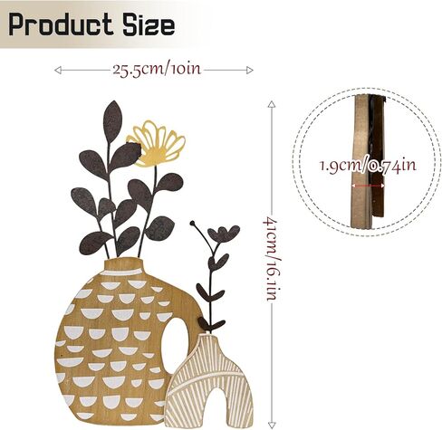 WOPARTY Rustic Metal and Wood Flowers Wall Art, Bohemian Vase with Flower Design, Black and Gold, 16.2x10 Inch, Farmhouse Wall Decor Home Bedroom Dining Room Housewarming in Kuwait