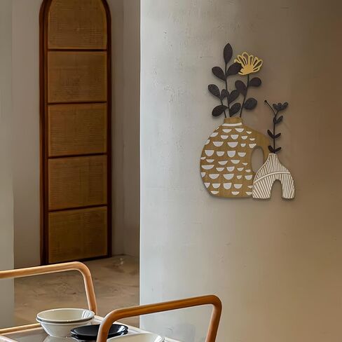 WOPARTY Rustic Metal and Wood Flowers Wall Art, Bohemian Vase with Flower Design, Black and Gold, 16.2x10 Inch, Farmhouse Wall Decor Home Bedroom Dining Room Housewarming in Kuwait