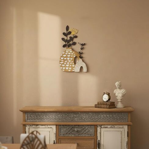 WOPARTY Rustic Metal and Wood Flowers Wall Art, Bohemian Vase with Flower Design, Black and Gold, 16.2x10 Inch, Farmhouse Wall Decor Home Bedroom Dining Room Housewarming in Kuwait