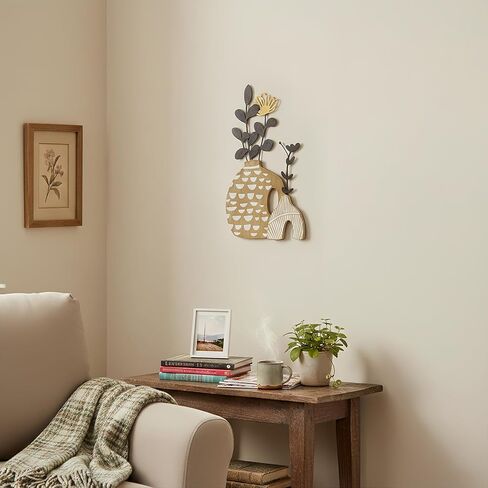 WOPARTY Rustic Metal and Wood Flowers Wall Art, Bohemian Vase with Flower Design, Black and Gold, 16.2x10 Inch, Farmhouse Wall Decor Home Bedroom Dining Room Housewarming in Kuwait