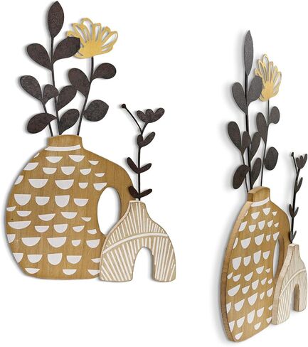 WOPARTY Rustic Metal and Wood Flowers Wall Art, Bohemian Vase with Flower Design, Black and Gold, 16.2x10 Inch, Farmhouse Wall Decor Home Bedroom Dining Room Housewarming in Kuwait