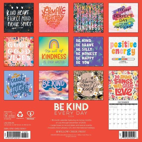 Willow Creek Press، تقويم حائط Be Kind 2026، مقاس 12 بوصة × 12 بوصة، تقويم لمدة 18 شهرًا مع غلاف مثبت in Saudi Arabia