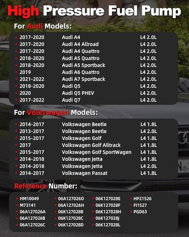 مضخة وقود عالية الضغط متوافقة مع 2013-2022 Volkswagen Jetta VW Passat Golf Alltrack SportWagen Beetle Audi A4 Allroad A5 A6 Quattro A7 Sportback Q5 PHEV Q7 06A127026A (إصدار ممتاز) in Saudi Arabia